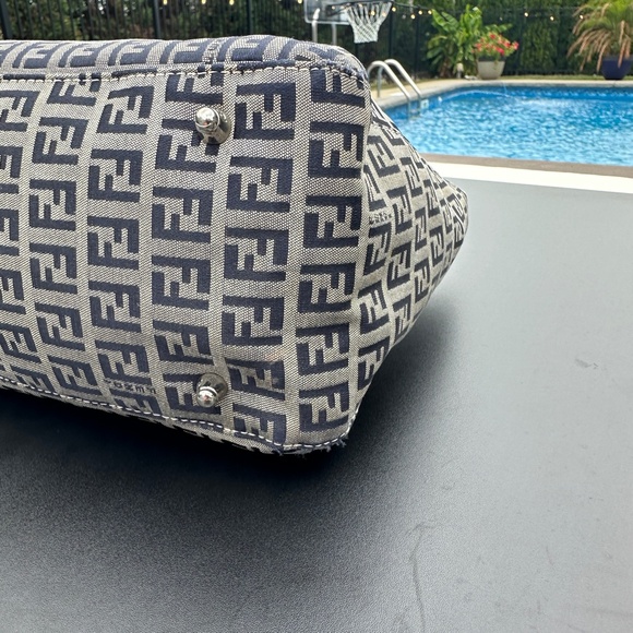 FENDI Vintage Zucchino  Navy Leather & Grey Canvas Tote Bag - Picture 14 of 17